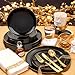 Supernal 350pcs Black & Gold Plastic Dinnerware Set, Elegant Black Plates with Golden Edges, Gold Plastic Silverware, Durable Tableware Perfect for Birthdays, Parties, Wedding, Celebration