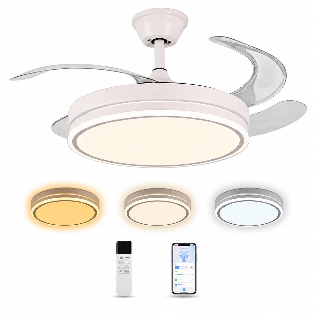 Don Feliz Ventilador de techo LED con aspas retráctiles, 6 velocidades, lámpara de techo, motor DC, mando a distancia, app móvil, luz regulable, ventilador para salón, dormitorio y habitación