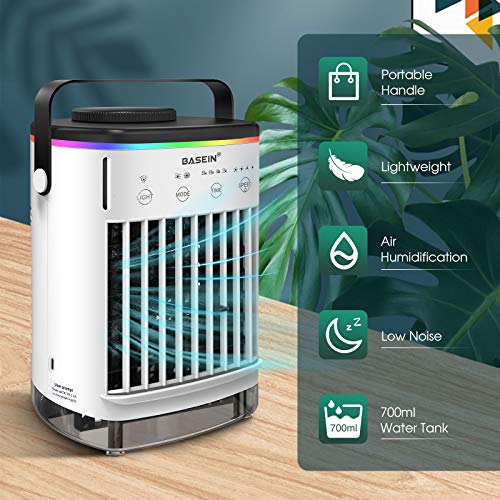 Portable Air Conditioner, Evaporative Air Conditioner Fan with Double Water Tank 4 Speeds 8H Timer 7 Colors, Camping AC Unit, Personal Air Cooler Desktop Air Conditioner with Handle for Office, Room