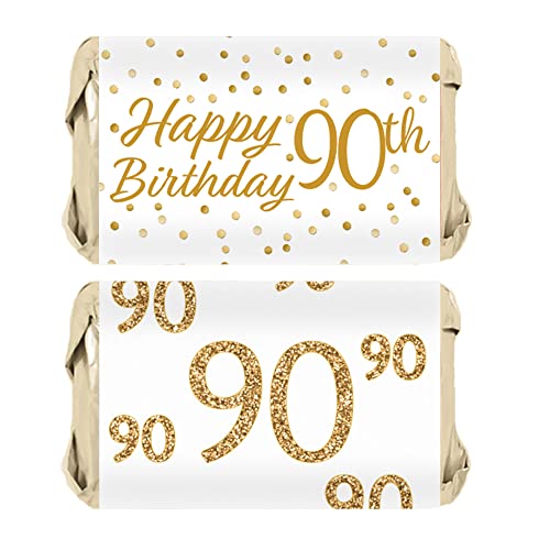 DISTINCTIVS White and Gold 90th Birthday Mini Candy Bar Wrappers - 45 Stickers, 90th Birthday Decorations