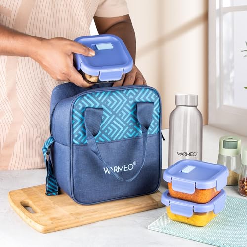 Image of WARMEO BOROFRESH Set of 4 Borosilicate Glass Tiffin (3 Square Container,325ml Each + 1 Steel Bottle 750 ml)| Leakproof, Microwave & Dishwasher Safe Lunch Box with Bag for Office, College & School