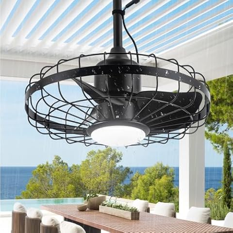 Neatmeat 20" Outdoor Ceiling Fans,Waterproof Caged Ceiling Fan with Lights and Remote Control,Plug in Cord Hook for Patios,Gazebo (Black) Cover