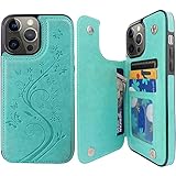 Pretocter for iPhone 13 Pro Max Wallet Case with Card Holder, Butterfly Flower Embossed Faux Leather Kickstand Card Slots Case, Handmade Shockproof Protective Slim Soft Flip Phone Case 2021 6.7' Green