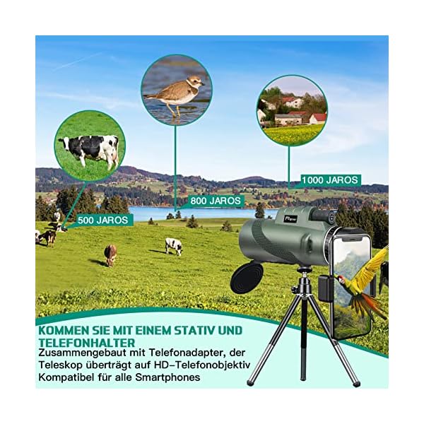 Monokular Teleskop,12x50 HD Monokulare Fernrohr Wasserdicht mit Handy Halter & Stativ, BAK4-Prisma und FMC, Monocular… – Bild 5
