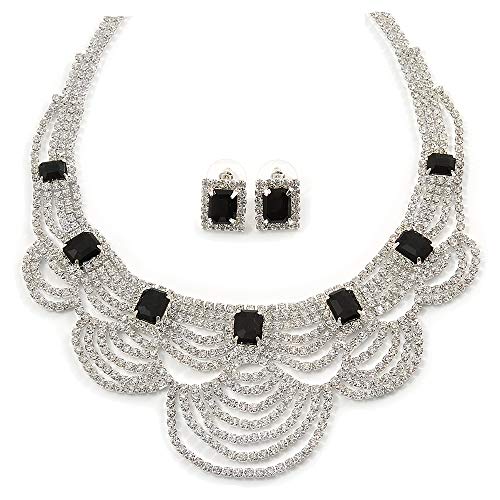 Preisvergleich Produktbild Brautschmuck, Hochzeit, Abschlussball, klar / Jet Schwarz österreichischen Kristall Layered Halskette und Ohrstecker-Set in silber Ton 36 cm L / 6 cm EXT
