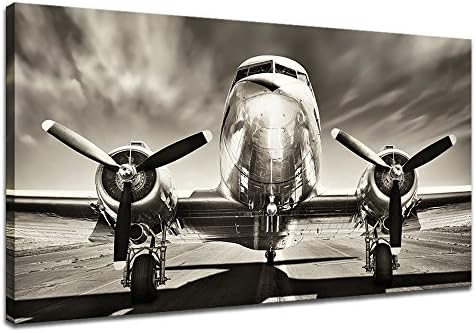 KLVOS - Black and White Wall Art Large Turbine Fighter Aircraft on a Runway Antique Airplane Pictures Print on Canvas Modern Home Decor Framed for Office Ready to Hang (Vintage Aircraft, 24"x40")
