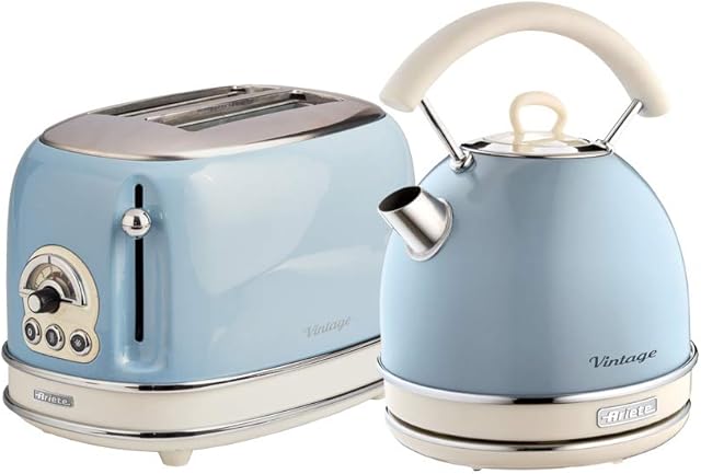 Ariete ARPK12 Retro Style Dome Kettle and 2 Slice Toaster Set, Vintage Design, Blue