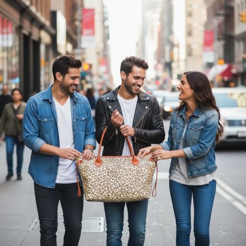 Bolso tote de lona con estampado de leopardo, bolso de hombro grande y práctico para mujeres, con asas resistentes de cuero sintético PU miniatura 3