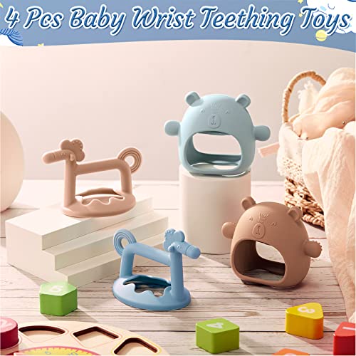 4 Pieces Silicone Teething Toys Bear Baby Teether Toy Anti Dropping Horse Teething Pacifier Baby Chew Toys Chewable Hand Teethers For Sucking Chewing Needs Pain Relief Gifts (Blue, Caramel, Pink) #TOP6