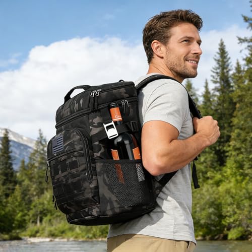 Image of Tactical Cooler Backpack for Men, Double Deck Insulated Cooler Bag 40 Cans, Soft Lunch Backpack with 16H Ice Retention Waterproof Leakproof Picnic Backpack for Work Beach Camping BBQ Hiking