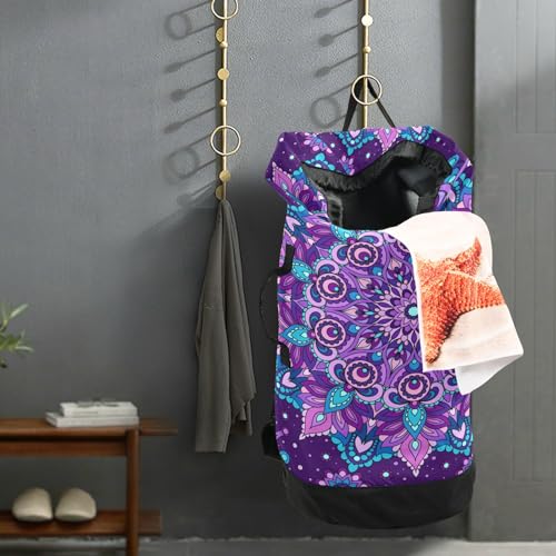 MNSRUU Washable Laundry Bag Backpack Large Dirty Clothes Bag with Adjustable Shoulder Strap Handles, Purple Mandala Extra Laundry Heavy Duty Drawstring Bag for Travel College Grey Camping3