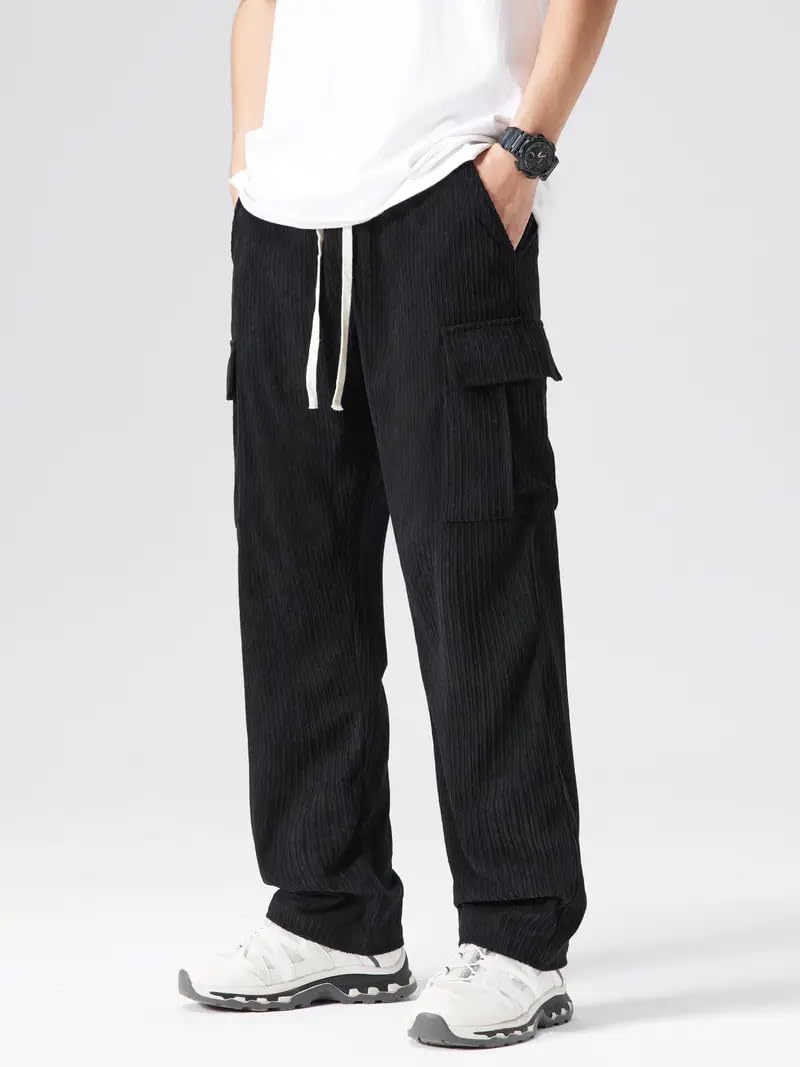 Vogaan Men's Loose High Rise Cargo Pant (VG-15-BLACK-30_Black 3