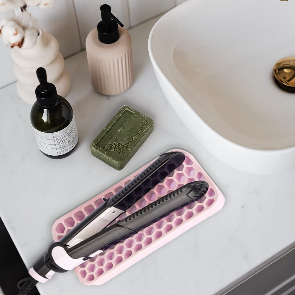 Kleines Silikonpad für Lockenstab Dickere Hitzebeständige Silikonmatte für Haarwerkzeuge, Tragbares Haarstyling-Werkzeug Resthalter für Glätteisen, Haartrockner, Flacheisen (Rosa)
