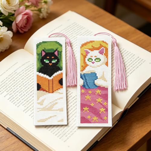 Image of ACRNIGHEET 6PCS Cross Stitch Bookmark Kit for Beginner Stamped Cross Stitch Kits for Adults Cute Reading Cat DIY Tassel Embroidery Bookmark Kits Needlepoint Kit with Instructions Gift 8.5''x3'' 11CT