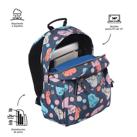 TOTTO - Mochila Escolar Adaptable a Carro, Modelo Acuareles, Capacidad 20 L, Bolsillo para Pc 14", 2 Bolsillo Botella, Espaldar Ergonómico con Flujo de Aire, Correas en S, Estampado Missi Multicolor