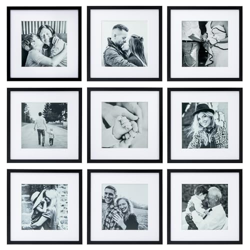 ArtbyHannah Photo Collage Frames for Wall, 12x12 Inch Square Picture Frame for Living Room or Staircase Decoration (Black, 9 Pack)
