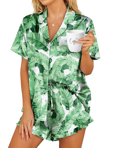 Image of HOTOUCH Womens Satin Pajamas Set Button Down 2 Piece Silk Pjs Shorts Set Ruffle Lingerie Notch Collar Sleepwear