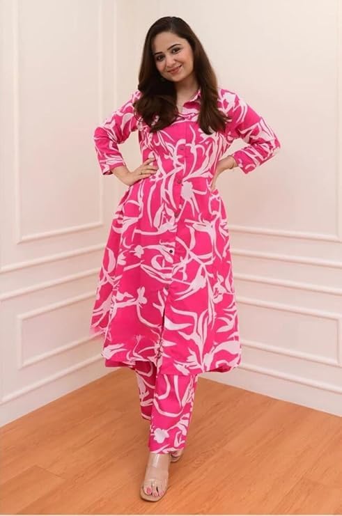 Image of GRECIILOOKS Co ord set for women stylish | Anarkali Kurta-Set - Viscose Printed Kurta & Straight Pant | kurtis| Festive Indian Traditional Outfit Dress for Functions & Puja | Trendy Travel & Streetwear Look for Woman | 3 /4 Half Sleeve