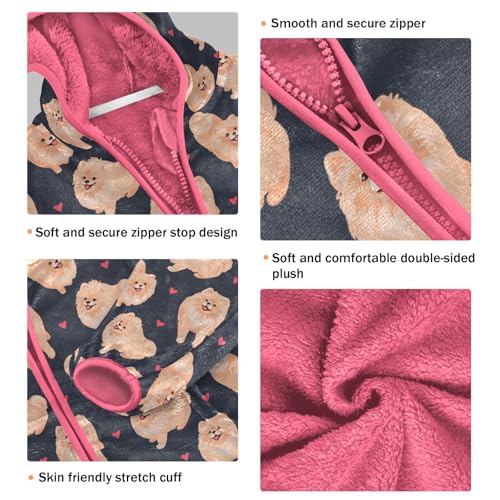 Pomeranian Dog Toddler Fleece Jacket Baby Girls Hooded Zipper Long Sleeve Thick Warm Outerwear 3-10 Years3