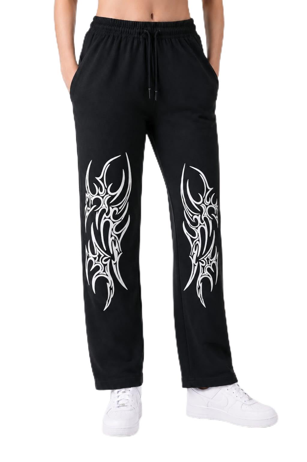 Tribal Print Track Pants, Black, Cotton, Straight Fit, Mid-Rise, Baggy, Unisex, with Elasticated Waistband and Side Pockets-image-1