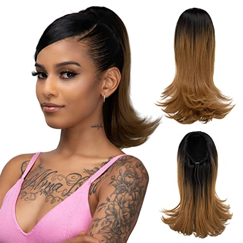 YUMOREAL Short Drawstring Ponytail Hair Extension for Black Women 14 Inch Straight Ponytail with End Curls Synthetic Fake Hairpieces Golden Auburn with Black Root