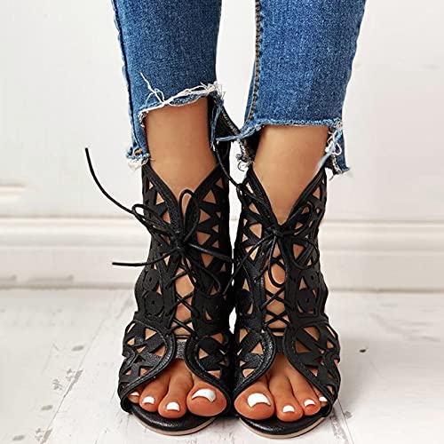 Pointed Toe Chunky Heeled Sandals for Women, Gladiator Sandals Flat Summer Beach Sandals Lace Up Boho Cutout Roman Sandals2