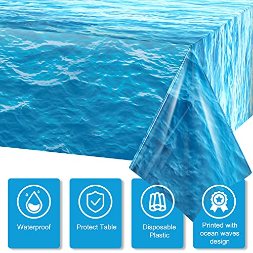 Image of Irenare 1 Pieces Ocean Plastic Tablecloth 54 x 108 Inch Blue | Water Waves Print, Disposable Table Cover for Under the Sea Theme Decoration Beach Pool Party, Birthday Baby Shower Supplies