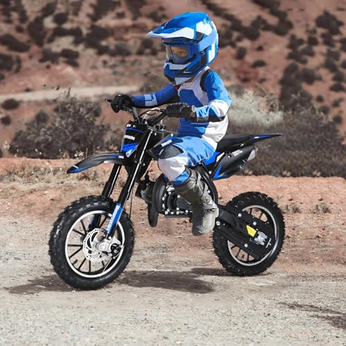 Image of 50CC Kid Dirt Bike, Gas Powered Mini Motorcycle for Kids 8-14 | Up to 35 MPH, 330LBS Capacity with Front & Rear Disc Brakes, 10-Inch Off-Road Tires, Pull Start for Youth & Adults Blue