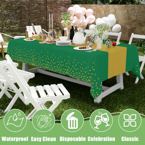 Image of Smiry Plastic Table Cloth Disposable 4 Pack, 54 x 108 Inch Rectangle Waterproof Tablecloth, Printed Gold Table Runner Style for Birthday Weeding, Party Decorations, Sturdy, Christmas Green and Gold