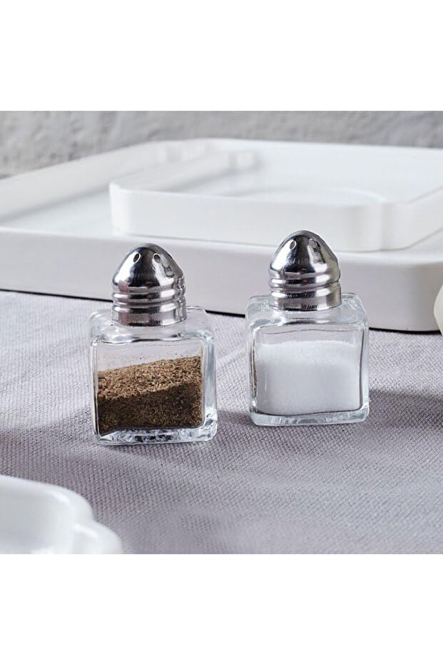Cam Tuzluk Karabiberlik Seti; 2'li Mini Küp, 20 ml, Paslanmaz Çelik Kapak, Tek Kişilik