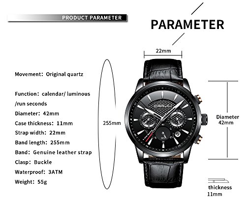 Image of CRRJU Men's Business Casual Chronograph Quartz Waterproof Wristwatch Black Leather Strap