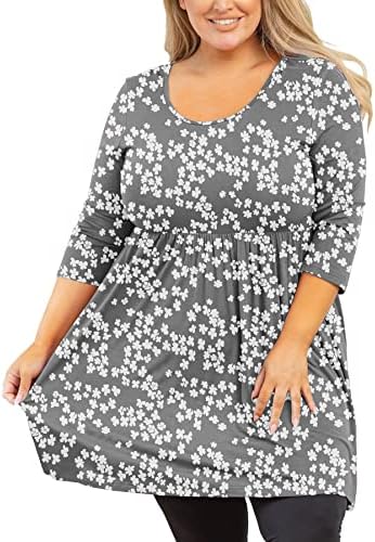 AusLook Plus Size Tops for Women 3/4 Sleeve Grey Sakura 3X Crewneck Tunic Flowy Blouse Loose Fit Babydoll Clothing Summer Fall Winter Maternity Shirts Wear with Leggings