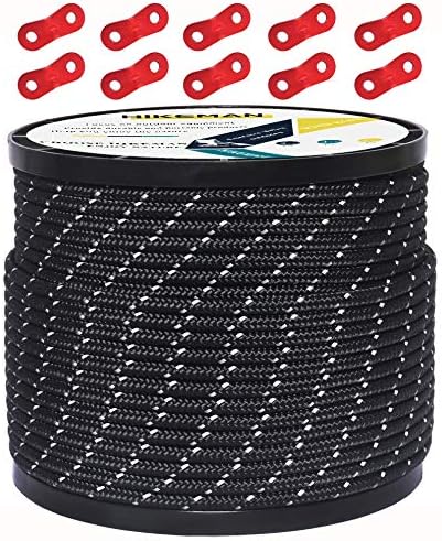 50M Reflective Cord Guy Ropes Outdoor Tent Guide Rope 100% Nylon Cord Wind Line with 10Pcs Aluminum alloy tensioners for Camping (Army green, Diameter 5 mm)