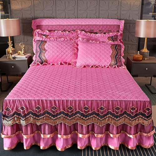 Daesar Conjunto Sabanas Cama Bajera y 2 Fundas Almohada,Patrón de Encaje Bordado con Color Sólido Terciopelo Sábana Bajera Cama Rosa,150 x 200 CM