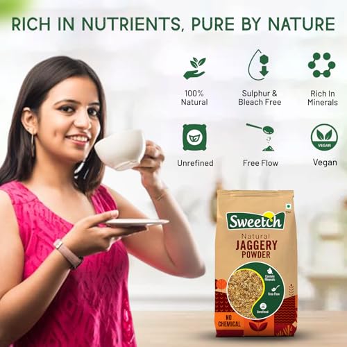 Image of Sweetch Natural Cane Jaggery Powder 1kg Each Pouch Natural Sweetener | Refined Sugar Alternative contain Minerals, No Chemical, Sulphur & Bleach Free | Gur, Gud Powder for Baking & Cooking (Pack of 2)