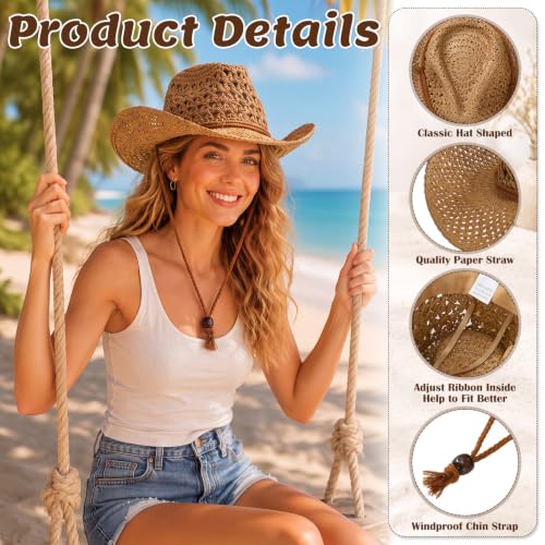 Image of Unittype 4 Pcs Straw Cowboy Hats with Windproof Rope