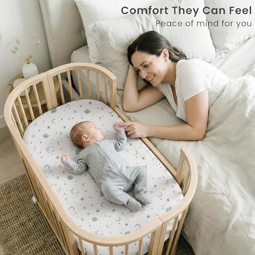 Image of Konssy 2 Pack Muslin Bassinet Sheets for Boys, Girls, 100% Cotton Soft Breathable Fitted Bassinet Mattress Sheet, 33 x 21 inches (Star,Blue)