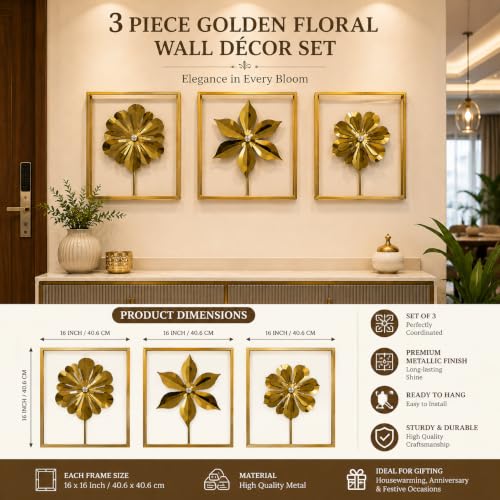 Image of Framing Hub - Metal Flower Wall Decor Set of 3 Gold Iron Leaf Floral Wall Art Decorative Hanging for Living Room Bedroom Home (16 x 16 Inch)