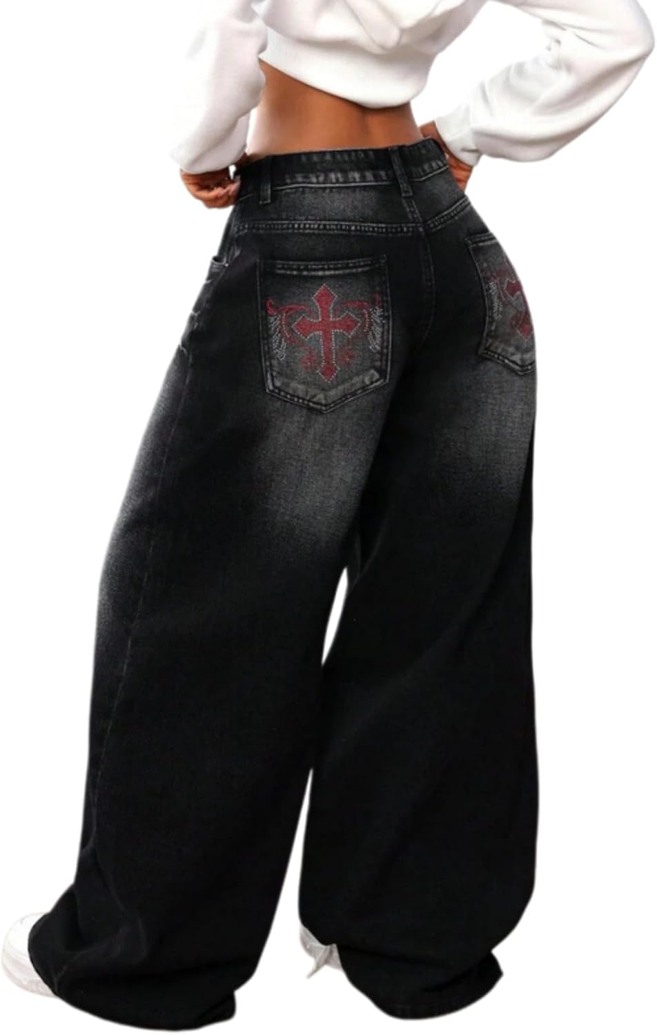 Women's Stretchy Loose Wide-Leg Jeans, Vintage Black Cross Embroidery with Rhinestones, Gothic Y2k Street Style