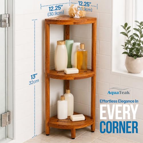 Image of AquaTeak Kai 40.25 inch Teak Corner Shelf Stand, 3 Tier Shower Stand