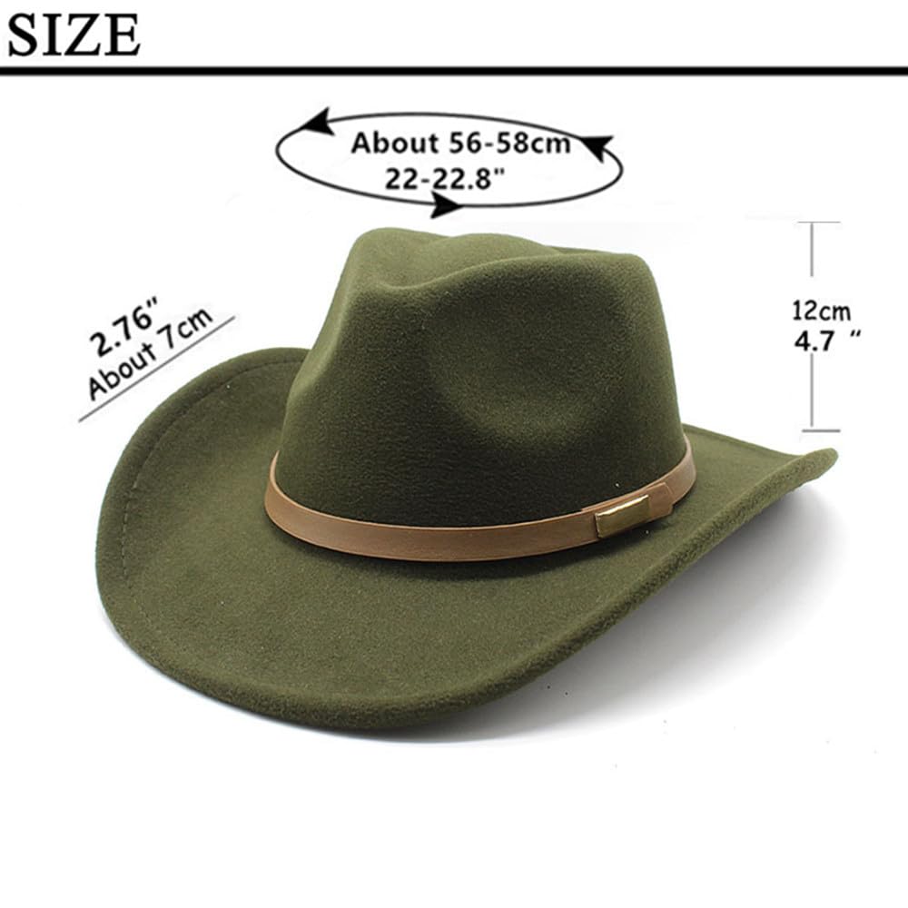 LIDHAY Women Men Classic Felt Wide Brim Western Cowboy Cowgirl Hat with Belt Buckle JZ-035 Army Green