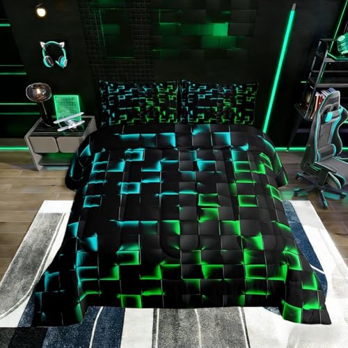 Image of Erosebridal Geometric Checkered Boys Bedding Set King Size Neon Teal Green Comforter Set for Kids Teen Men Gamer Room Decor,Abstract Ombre Plaid Comforter Grids Quilt Duvet Black