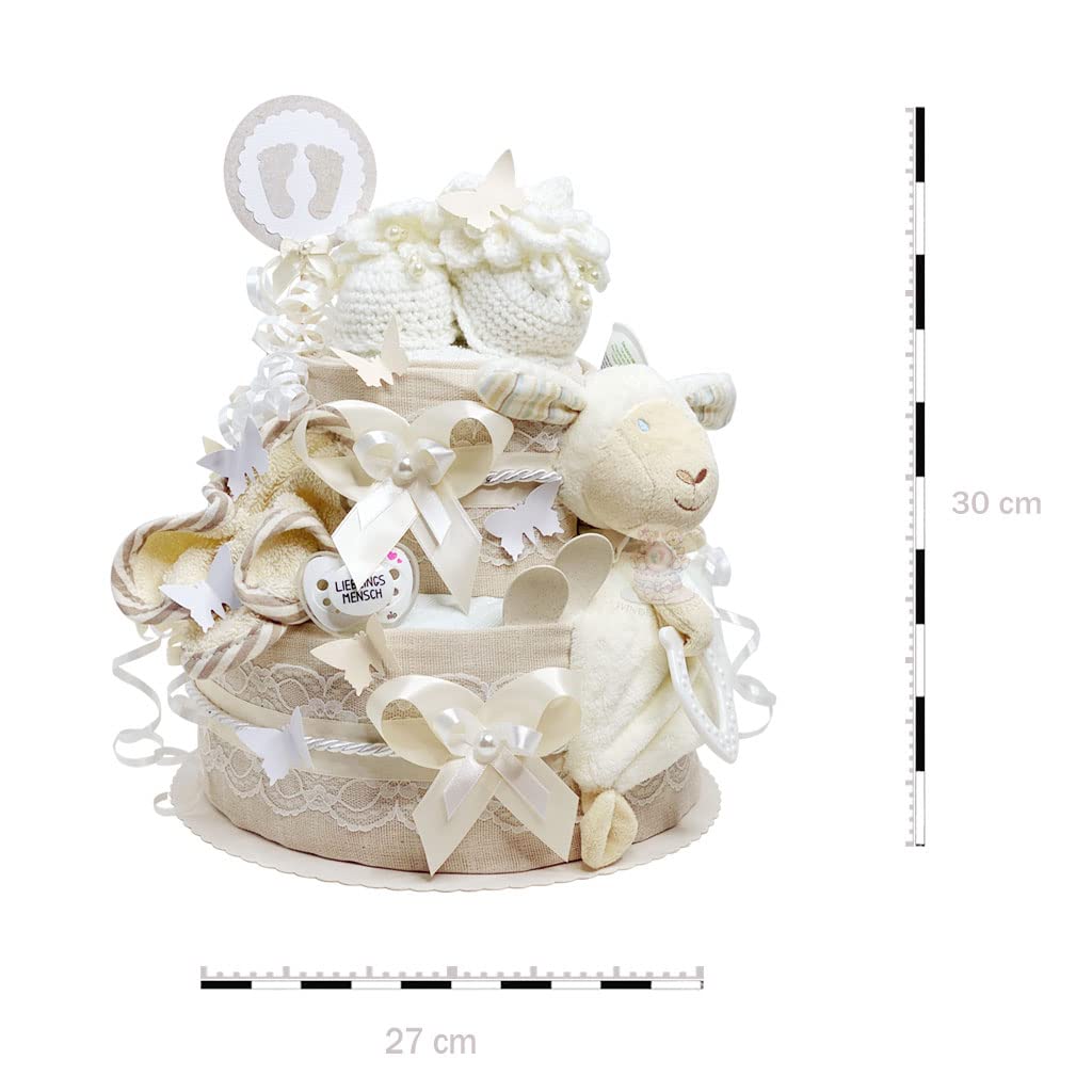 MomsStory Gâteau de Couches Neutre Mouton 2 Étages Beige Cadeau Naissance Baby Shower