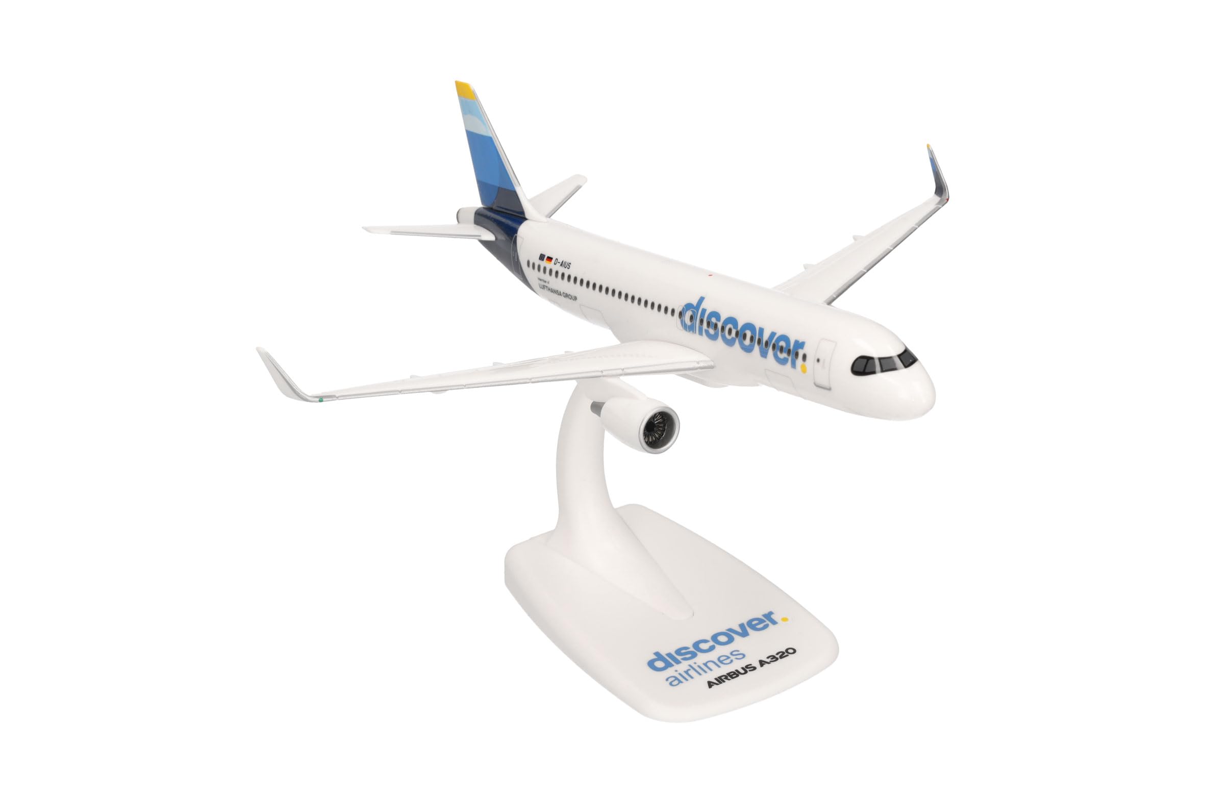 Herpa modello aereo Snap-Fit Airbus A320 Discover Airlines, miniatura in scala 1:200, pezzo da collezione, con supporto, plastica.