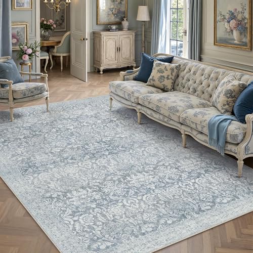 Blue Area Rug 5x7 Washable Neutral Living Room Vintage Non Slip Carpet Low Pile Soft Thin Indoor Bedroom Retro Floral Accent Throw Rug for Office Kitc