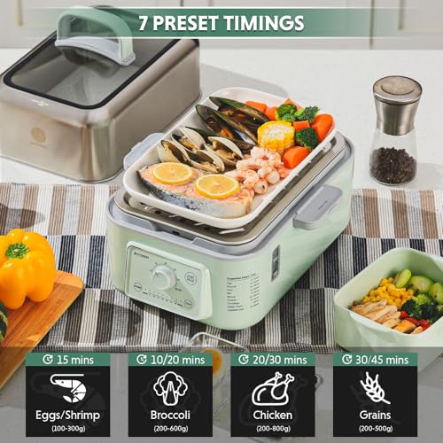Image of BUYDEEM G52 10.6Qt Electric Food Steamer for Cooking, Cozy Greenish | 1-4 People, 2-hour Keep Warm, 7 Preset Timings, Dual Boil-Dry Protection, Stainless Steel, Glass Lid, 2 Tier