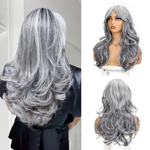 Aientt Sliver Grey Wig Layered with Curtain Bangs and Realistic