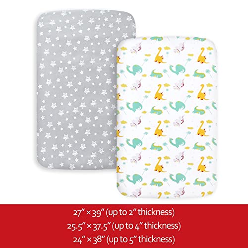 Image of Pack and Play Sheets, 2 Pack Mini Crib Sheets, Stretchy Playard Fitted Sheet, Compatible with Graco Pack n Play, Soft and Breathable Material, Dinosaur and Grey Star