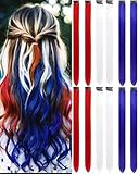 Olldag 12 PCS Red White Blue Clip-In Straight Hair Extensions, 22 Inch Colored Party Synthetic Neon Highlights, Rainbow Hair Accessories for Girls Women Kids