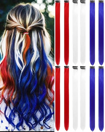 Olldag 12 PCS Red White Blue Clip-In Straight Hair Extensions, 22 Inch Colored Party Synthetic Neon Highlights, Rainbow Hair Accessories for Women